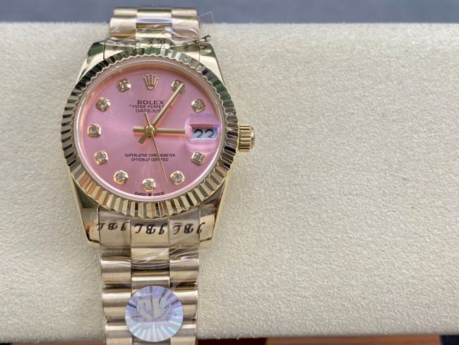 ロレックスコピー デイトジャスト（Datejust）31mm 279384“ピンクシェル文字盤・ダイヤモンドインデックス＋リングコマンド機能搭載三角坑紋ベゼル（光圈/钻圈）＋ブレスレット” レディース専用モデル