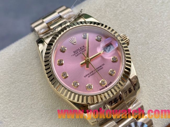 ロレックスコピー デイトジャスト（Datejust）31mm 279384“ピンクシェル文字盤・ダイヤモンドインデックス＋リングコマンド機能搭載三角坑紋ベゼル（光圈/钻圈）＋ブレスレット” レディース専用モデル
