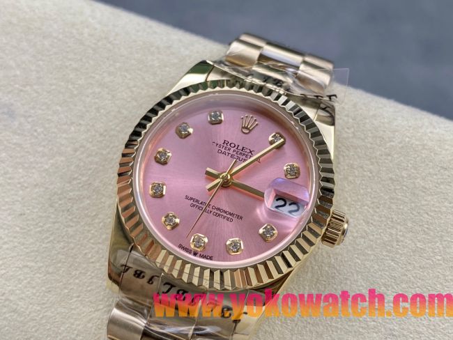 ロレックスコピー デイトジャスト（Datejust）31mm 279384“ピンクシェル文字盤・ダイヤモンドインデックス＋リングコマンド機能搭載三角坑紋ベゼル（光圈/钻圈）＋ブレスレット” レディース専用モデル
