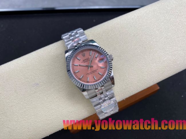 ロレックスコピー デイトジャスト（Datejust）31mm 279384“ピンクシェル文字盤・バトンインデックス＋リングコマンド機能搭載三角坑紋ベゼル（光圈/钻圈）＋ブレスレット” レディース専用モデル 