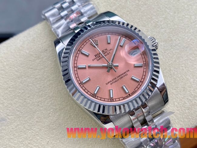 ロレックスコピー デイトジャスト（Datejust）31mm 279384“ピンクシェル文字盤・バトンインデックス＋リングコマンド機能搭載三角坑紋ベゼル（光圈/钻圈）＋ブレスレット” レディース専用モデル 