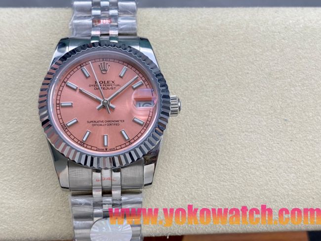 ロレックスコピー デイトジャスト（Datejust）31mm 279384“ピンクシェル文字盤・バトンインデックス＋リングコマンド機能搭載三角坑紋ベゼル（光圈/钻圈）＋ブレスレット” レディース専用モデル 