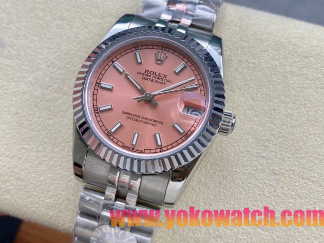 ロレックスコピー デイトジャスト（Datejust）31mm 279384“ピンクシェル文字盤・バトンインデックス＋リングコマンド機能搭載三角坑紋ベゼル（光圈/钻圈）＋ブレスレット” レディース専用モデル 