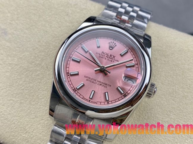 ロレックスコピー デイトジャスト（Datejust）31mm 279384“ピンクシェル文字盤・バトンインデックス＋スムースベゼル＋ブレスレット” レディース専用モデル 
