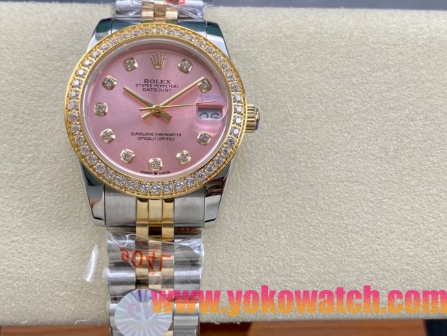 ロレックスコピー デイトジャスト（Datejust）31mm 279384“ピンクシェル文字盤・ダイヤモンドインデックス＋ダイヤモンドベゼル＋ブレスレット” レディース専用モデル