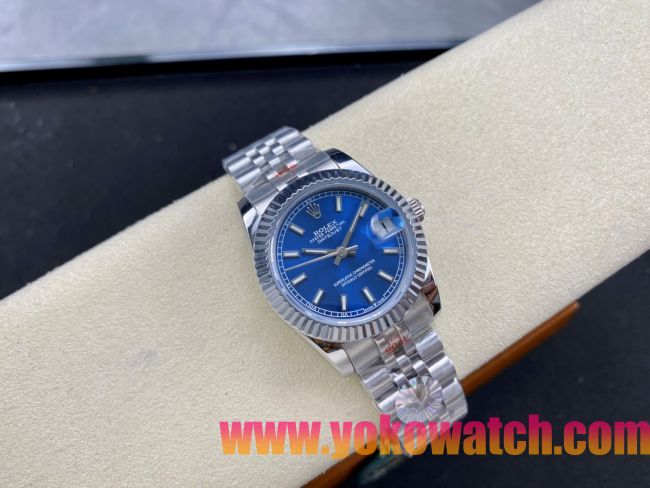 ロレックスコピー デイトジャスト（Datejust）31mm 279384“ブルー文字盤・バトンインデックス＋リングコマンド機能搭載三角坑紋ベゼル＋ブレスレット” レディース専用モデル