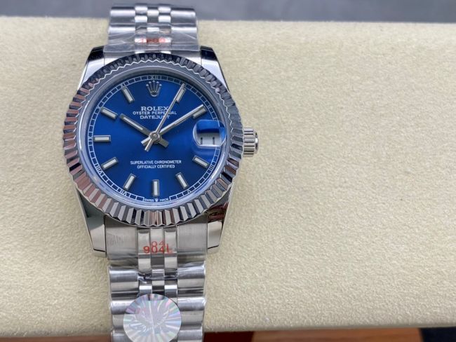 ロレックスコピー デイトジャスト（Datejust）31mm 279384“ブルー文字盤・バトンインデックス＋リングコマンド機能搭載三角坑紋ベゼル＋ブレスレット” レディース専用モデル