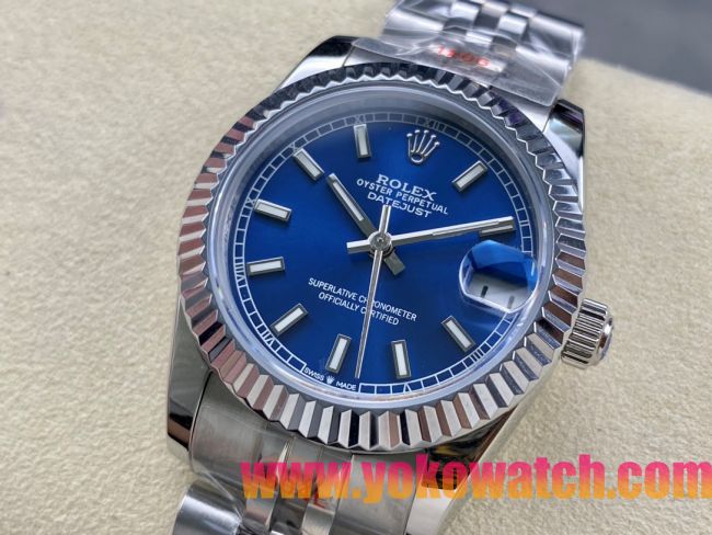 ロレックスコピー デイトジャスト（Datejust）31mm 279384“ブルー文字盤・バトンインデックス＋リングコマンド機能搭載三角坑紋ベゼル＋ブレスレット” レディース専用モデル