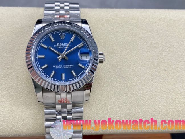 ロレックスコピー デイトジャスト（Datejust）31mm 279384“ブルー文字盤・バトンインデックス＋リングコマンド機能搭載三角坑紋ベゼル＋ブレスレット” レディース専用モデル