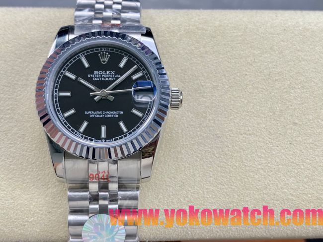 ロレックスコピー デイトジャスト（Datejust）31mm 279384“ブラック文字盤・バトンインデックス＋リングコマンド機能搭載三角坑紋ベゼル＋ブレスレット” レディース専用モデル 