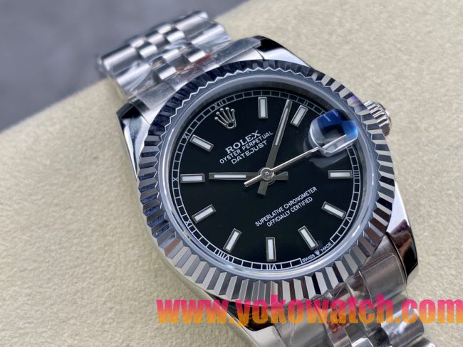 ロレックスコピー デイトジャスト（Datejust）31mm 279384“ブラック文字盤・バトンインデックス＋リングコマンド機能搭載三角坑紋ベゼル＋ブレスレット” レディース専用モデル 