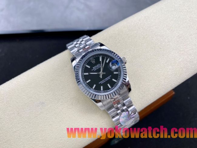 ロレックスコピー デイトジャスト（Datejust）31mm 279384“ブラック文字盤・バトンインデックス＋リングコマンド機能搭載三角坑紋ベゼル＋ブレスレット” レディース専用モデル 
