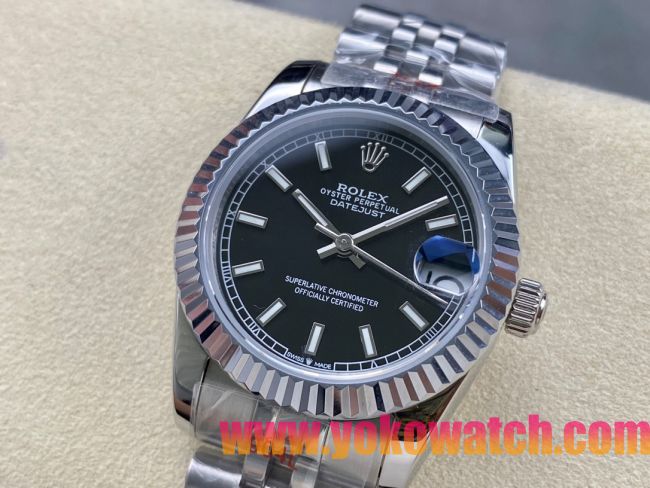ロレックスコピー デイトジャスト（Datejust）31mm 279384“ブラック文字盤・バトンインデックス＋リングコマンド機能搭載三角坑紋ベゼル＋ブレスレット” レディース専用モデル 