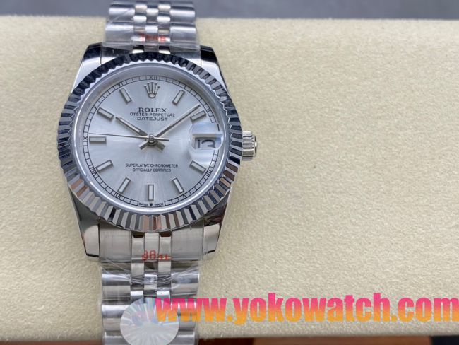 ロレックスコピー デイトジャスト（Datejust）31mm 279384“ホワイト文字盤・バトンインデックス＋リングコマンド機能搭載三角坑紋ベゼル＋ブレスレット” レディース専用モデル