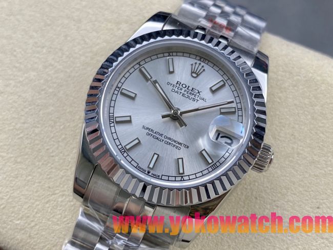 ロレックスコピー デイトジャスト（Datejust）31mm 279384“ホワイト文字盤・バトンインデックス＋リングコマンド機能搭載三角坑紋ベゼル＋ブレスレット” レディース専用モデル