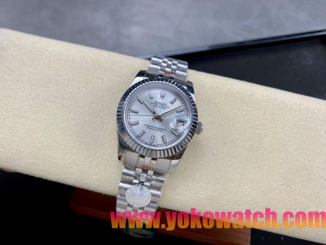 ロレックスコピー デイトジャスト（Datejust）31mm 279384“ホワイト文字盤・バトンインデックス＋リングコマンド機能搭載三角坑紋ベゼル＋ブレスレット” レディース専用モデル