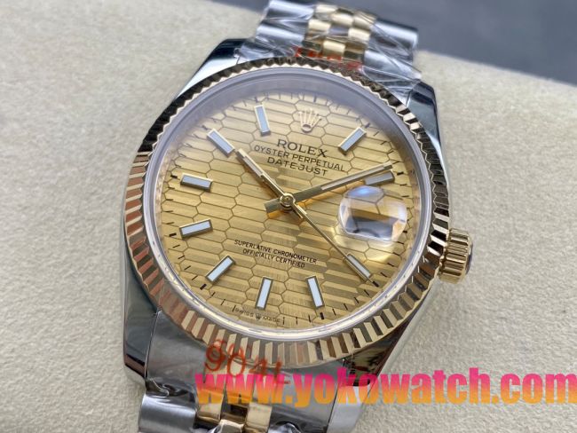 ロレックスコピー デイトジャスト（Datejust）36mm 126233“ゴールド文字盤・バトンインデックス＋リングコマンド機能搭載三角坑紋ベゼル＋ブレスレット” メンズ専用モデル