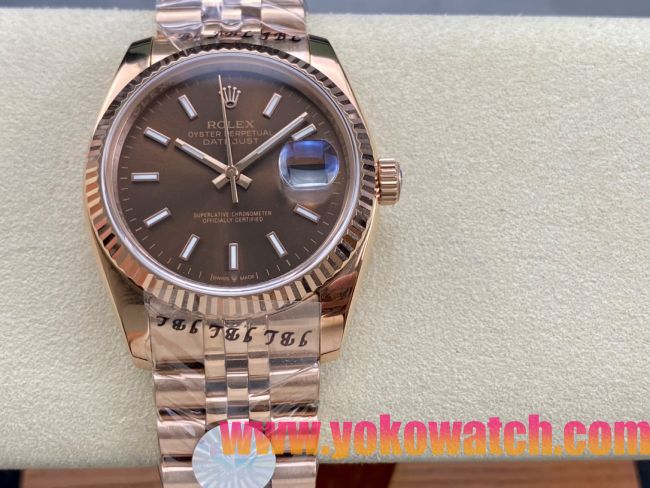 ロレックスコピー デイトジャスト（Datejust）36mm 126200“ブラウン文字盤・バトンインデックス＋リングコマンド機能搭載三角坑紋ベゼル＋ブレスレット” メンズ専用モデル