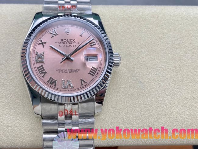 ロレックスコピー デイトジャスト（Datejust）36mm 278240“ピンク文字盤・ダイヤモンドインデックス＋リングコマンド機能搭載三角坑紋ベゼル＋ブレスレット” レディース専用モデル