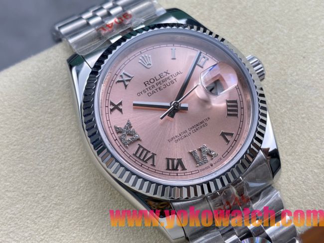 ロレックスコピー デイトジャスト（Datejust）36mm 278240“ピンク文字盤・ダイヤモンドインデックス＋リングコマンド機能搭載三角坑紋ベゼル＋ブレスレット” レディース専用モデル