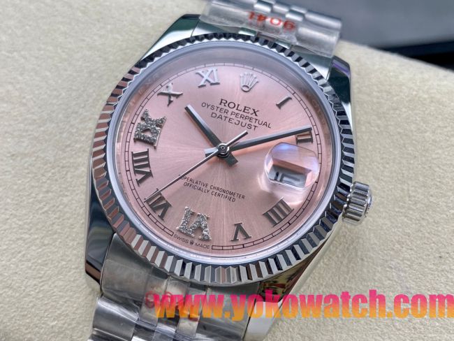 ロレックスコピー デイトジャスト（Datejust）36mm 278240“ピンク文字盤・ダイヤモンドインデックス＋リングコマンド機能搭載三角坑紋ベゼル＋ブレスレット” レディース専用モデル