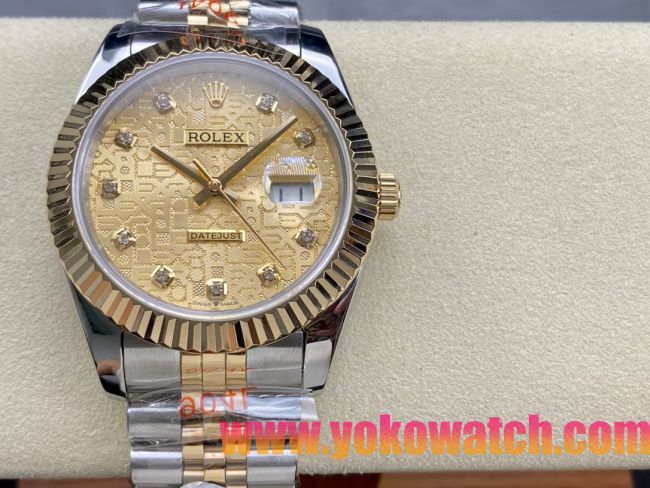 ロレックスコピー デイトジャスト（Datejust）41mm 278240“ゴールド・パターン文字盤・ダイヤモンドインデックス＋リングコマンド機能搭載三角坑紋ベゼル＋ブレスレット” レディース専用モデル