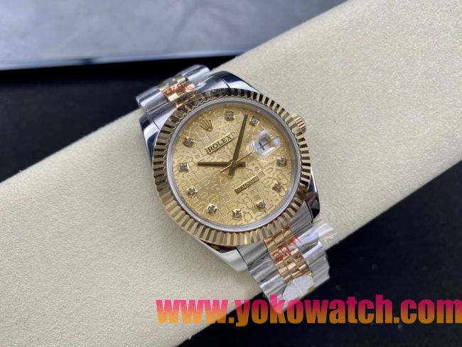 ロレックスコピー デイトジャスト（Datejust）41mm 278240“ゴールド・パターン文字盤・ダイヤモンドインデックス＋リングコマンド機能搭載三角坑紋ベゼル＋ブレスレット” レディース専用モデル