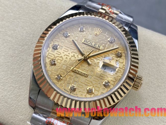 ロレックスコピー デイトジャスト（Datejust）41mm 278240“ゴールド・パターン文字盤・ダイヤモンドインデックス＋リングコマンド機能搭載三角坑紋ベゼル＋ブレスレット” レディース専用モデル