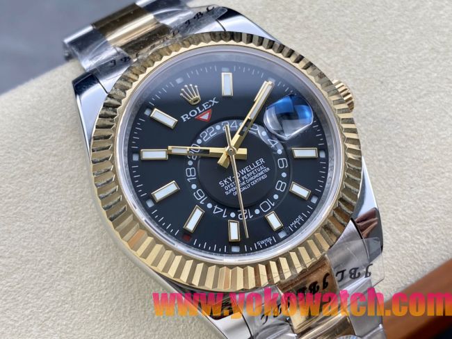 ロレックスコピー スカイ・デューラー 326138（Sky-Dweller）42mm “ブラック・ダイヤル・ゴールド・インデックス＋リングコマンド機能搭載三角坑紋ベゼル＋オイスターブレスレット” レディース専用モデル 