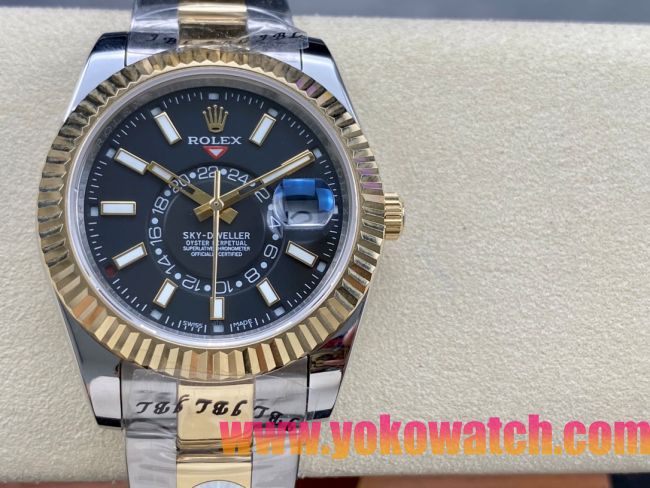 ロレックスコピー スカイ・デューラー 326138（Sky-Dweller）42mm “ブラック・ダイヤル・ゴールド・インデックス＋リングコマンド機能搭載三角坑紋ベゼル＋オイスターブレスレット” レディース専用モデル 