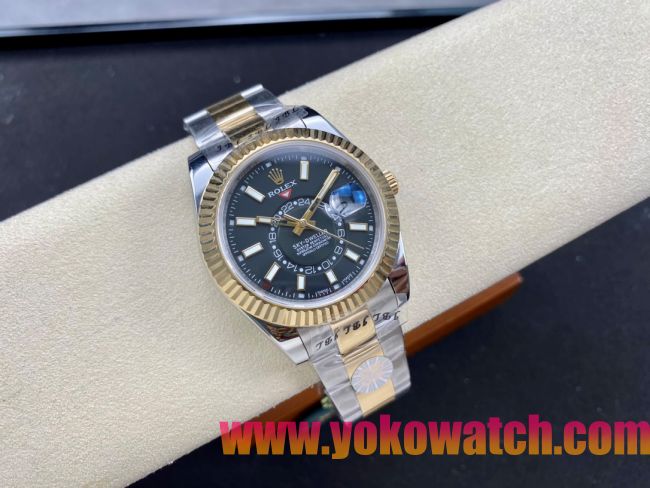 ロレックスコピー スカイ・デューラー 326138（Sky-Dweller）42mm “ブラック・ダイヤル・ゴールド・インデックス＋リングコマンド機能搭載三角坑紋ベゼル＋オイスターブレスレット” レディース専用モデル 