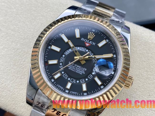 ロレックスコピー スカイ・デューラー 326138（Sky-Dweller）42mm “ブラック・ダイヤル・ゴールド・インデックス＋リングコマンド機能搭載三角坑紋ベゼル＋オイスターブレスレット” レディース専用モデル 