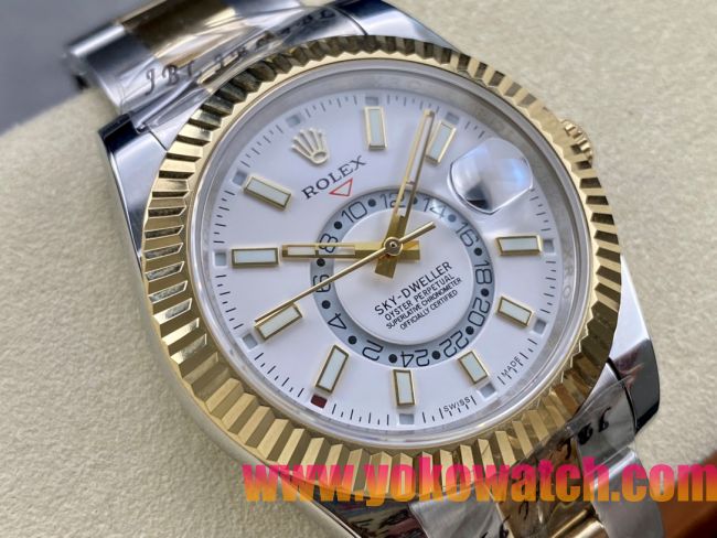 ロレックスコピー スカイ・デューラー（Sky-Dweller）42mm “ホワイト・ダイヤル・ゴールド・インデックス＋リングコマンド機能搭載三角坑紋ベゼル＋オイスターブレスレット” レディース専用モデル