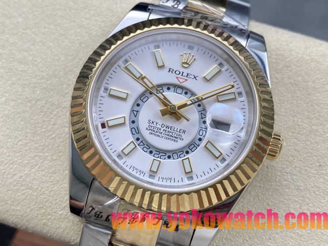 ロレックスコピー スカイ・デューラー（Sky-Dweller）42mm “ホワイト・ダイヤル・ゴールド・インデックス＋リングコマンド機能搭載三角坑紋ベゼル＋オイスターブレスレット” レディース専用モデル