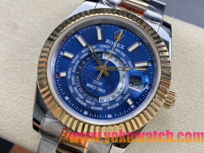 ロレックスコピー スカイ・デューラー（Sky-Dweller）42mm 326138“ブルー・ワールドタイマー文字盤・ゴールド・インデックス＋リングコマンド機能搭載三角坑紋ベゼル＋オイスターブレスレット” レディース専用モデル