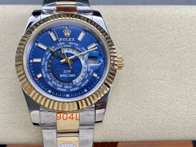 ロレックスコピー スカイ・デューラー（Sky-Dweller）42mm 326138“ブルー・ワールドタイマー文字盤・ゴールド・インデックス＋リングコマンド機能搭載三角坑紋ベゼル＋オイスターブレスレット” レディース専用モデル