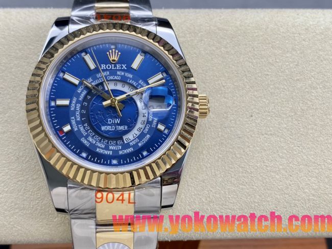 ロレックスコピー スカイ・デューラー（Sky-Dweller）42mm 326138“ブルー・ワールドタイマー文字盤・ゴールド・インデックス＋リングコマンド機能搭載三角坑紋ベゼル＋オイスターブレスレット” レディース専用モデル