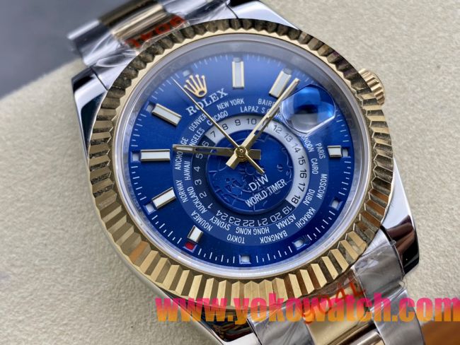 ロレックスコピー スカイ・デューラー（Sky-Dweller）42mm 326138“ブルー・ワールドタイマー文字盤・ゴールド・インデックス＋リングコマンド機能搭載三角坑紋ベゼル＋オイスターブレスレット” レディース専用モデル
