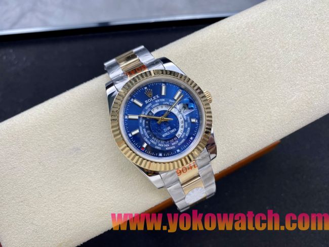 ロレックスコピー スカイ・デューラー（Sky-Dweller）42mm 326138“ブルー・ワールドタイマー文字盤・ゴールド・インデックス＋リングコマンド機能搭載三角坑紋ベゼル＋オイスターブレスレット” レディース専用モデル