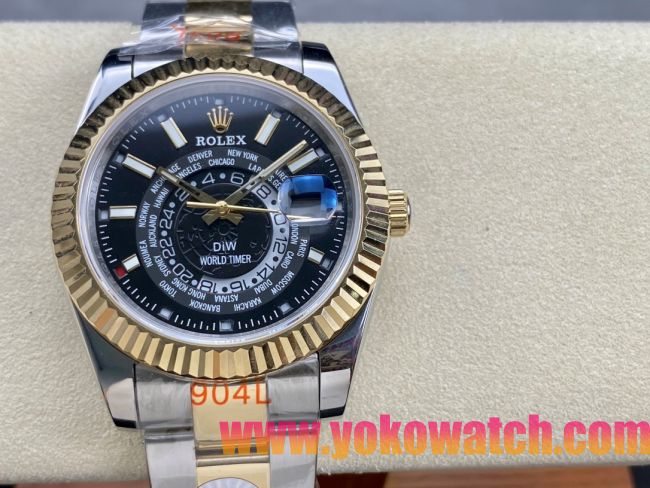ロレックスコピー スカイ・デューラー（Sky-Dweller）42mm 326138“ブラック・ワールドタイマー文字盤・ゴールド・インデックス＋リングコマンド機能搭載三角坑紋ベゼル＋オイスターブレスレット” レディース専用モデル 