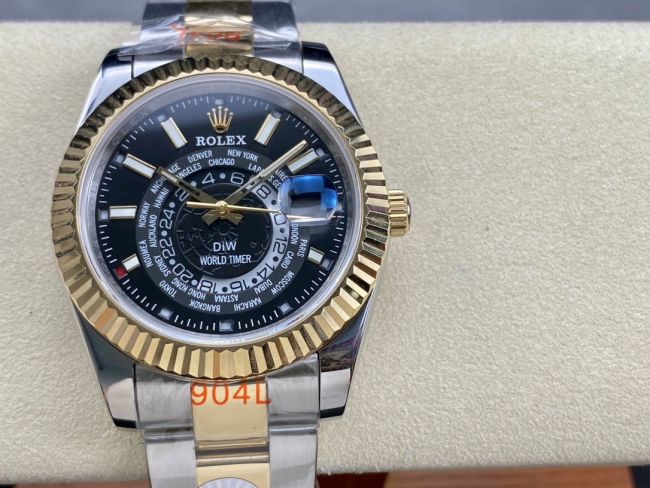ロレックスコピー スカイ・デューラー（Sky-Dweller）42mm 326138“ブラック・ワールドタイマー文字盤・ゴールド・インデックス＋リングコマンド機能搭載三角坑紋ベゼル＋オイスターブレスレット” レディース専用モデル 