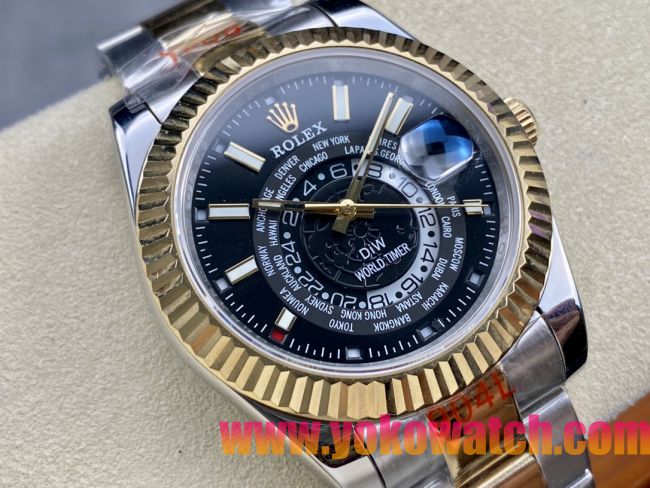 ロレックスコピー スカイ・デューラー（Sky-Dweller）42mm 326138“ブラック・ワールドタイマー文字盤・ゴールド・インデックス＋リングコマンド機能搭載三角坑紋ベゼル＋オイスターブレスレット” レディース専用モデル 