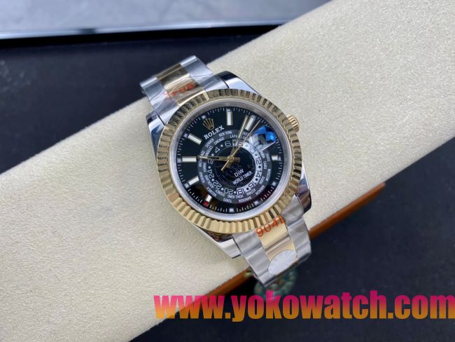 ロレックスコピー スカイ・デューラー（Sky-Dweller）42mm 326138“ブラック・ワールドタイマー文字盤・ゴールド・インデックス＋リングコマンド機能搭載三角坑紋ベゼル＋オイスターブレスレット” レディース専用モデル 