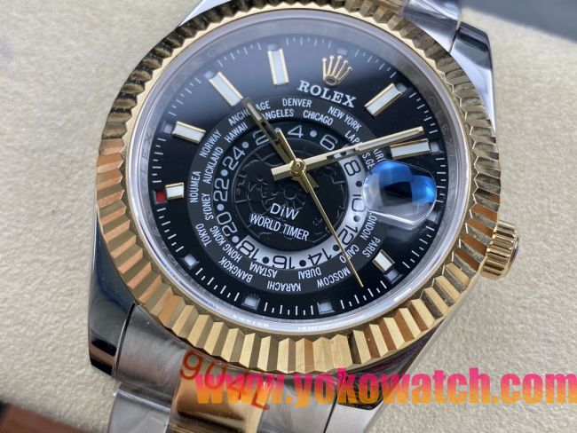 ロレックスコピー スカイ・デューラー（Sky-Dweller）42mm 326138“ブラック・ワールドタイマー文字盤・ゴールド・インデックス＋リングコマンド機能搭載三角坑紋ベゼル＋オイスターブレスレット” レディース専用モデル 