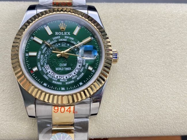 ロレックスコピー スカイ・デューラー（Sky-Dweller）42mm 326138“グリーン・ワールドタイマー文字盤・ゴールド・インデックス＋リングコマンド機能搭載三角坑紋ベゼル＋オイスターブレスレット” レディース専用モデル