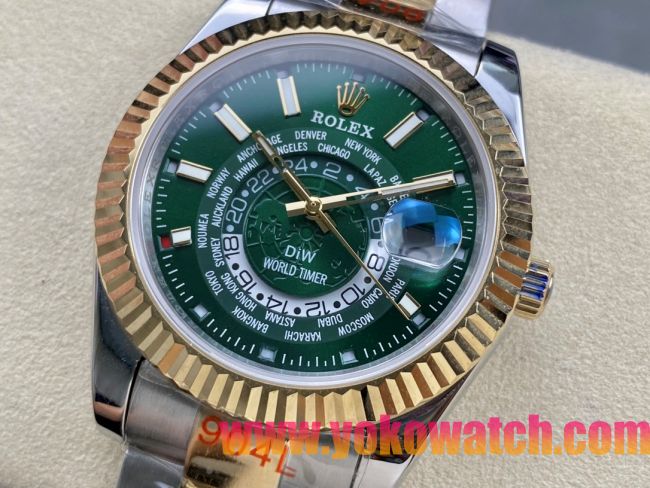 ロレックスコピー スカイ・デューラー（Sky-Dweller）42mm 326138“グリーン・ワールドタイマー文字盤・ゴールド・インデックス＋リングコマンド機能搭載三角坑紋ベゼル＋オイスターブレスレット” レディース専用モデル