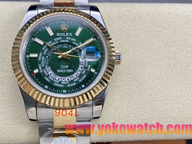 ロレックスコピー スカイ・デューラー（Sky-Dweller）42mm 326138“グリーン・ワールドタイマー文字盤・ゴールド・インデックス＋リングコマンド機能搭載三角坑紋ベゼル＋オイスターブレスレット” レディース専用モデル