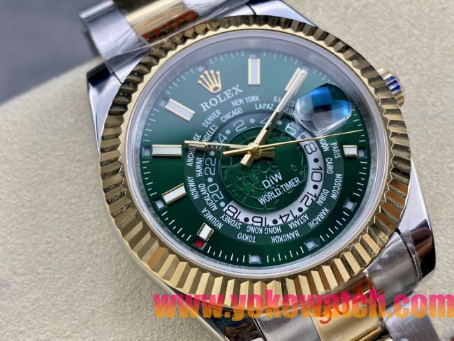 ロレックスコピー スカイ・デューラー（Sky-Dweller）42mm 326138“グリーン・ワールドタイマー文字盤・ゴールド・インデックス＋リングコマンド機能搭載三角坑紋ベゼル＋オイスターブレスレット” レディース専用モデル