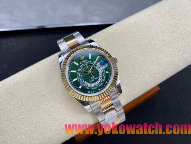 ロレックスコピー スカイ・デューラー（Sky-Dweller）42mm 326138“グリーン・ワールドタイマー文字盤・ゴールド・インデックス＋リングコマンド機能搭載三角坑紋ベゼル＋オイスターブレスレット” レディース専用モデル