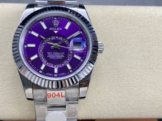 ロレックスコピー スカイ・デューラー（Sky-Dweller）42mm 326138“パープル・ダイヤル・ゴールド・インデックス＋リングコマンド機能搭載三角坑紋ベゼル＋オイスターブレスレット” レディース専用モデル